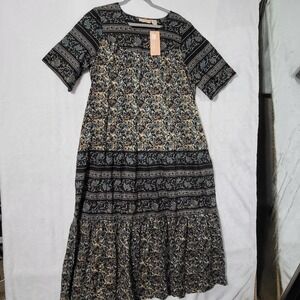 La Cera Dress Womens Large Black Floral Cotton Maxi Boho Tiered Pockets